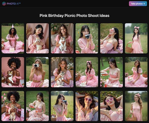 A collage of images featuring women in pink outfits at a birthday picnic theme.