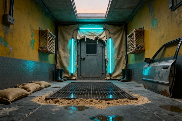 An industrial mudroom with distressed yellow walls and diamond-plate steel wainscoting centers on a riveted metal door framed by torn canvas and two cyan tube lights. A cracked concrete floor features a recessed drainage grate surrounded by sand and puddles. Rope-net storage baskets, rubber boots, burlap sandbags, exposed conduit, and a wall-mounted, rusted car door add to the rugged look, while a ceiling skylight brings in soft natural light.