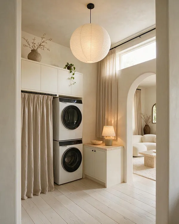 A serene mudroom in soft neutral tones features stacked front-loading washer and dryer units beside a floor-to-ceiling curtain enclosure and built-in cabinets. A paper lantern pendant, sheer drapery, and a small countertop lamp add warmth, while an arched opening leads to a cozy adjacent living space.