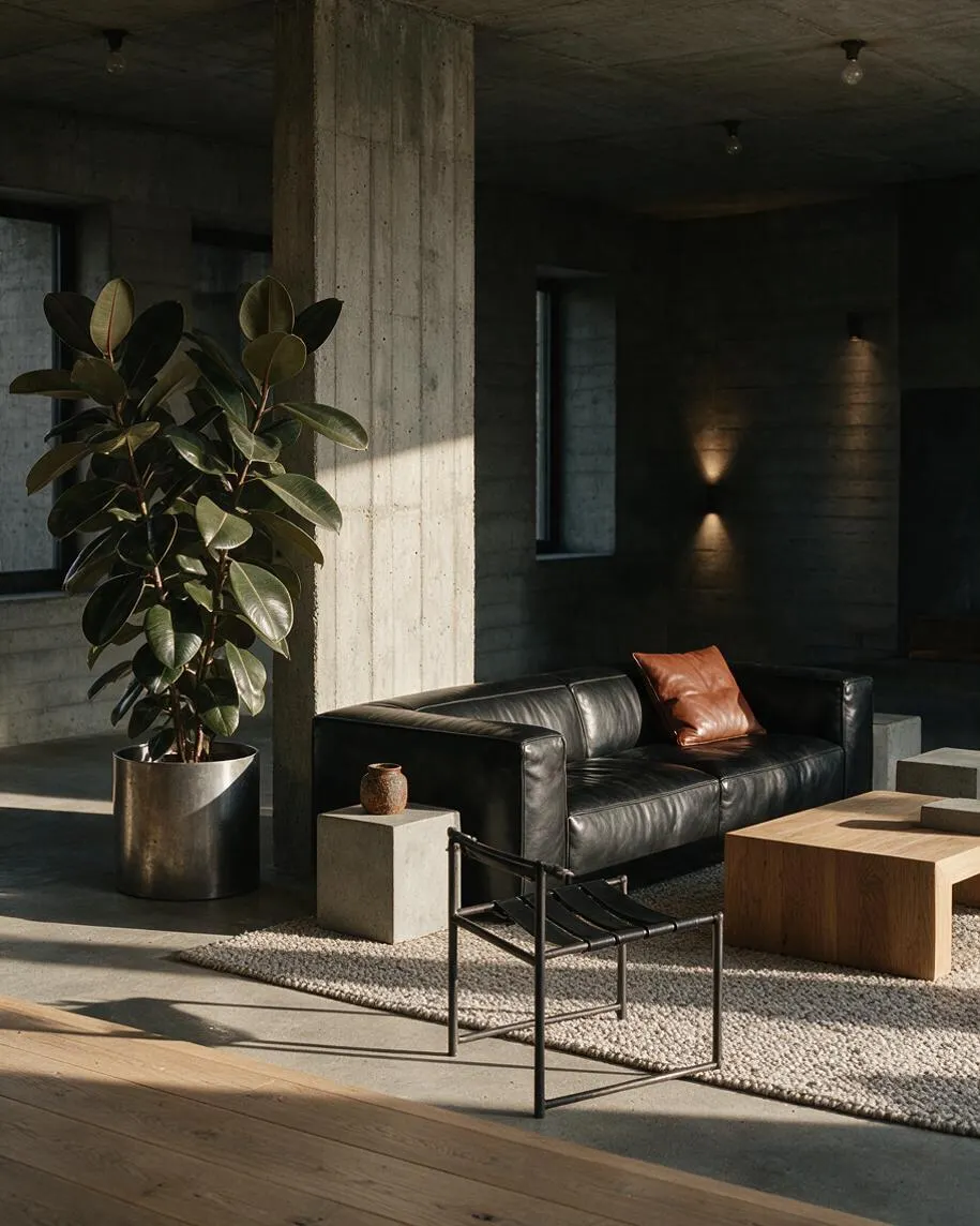 A moody Brutalist living space with raw concrete walls and ceiling, a black leather sofa, a tan leather cushion, and a large potted rubber plant beside a central concrete column. A low wooden coffee table, stone side blocks, and a black metal lounge chair sit on a textured rug in warm directional light.