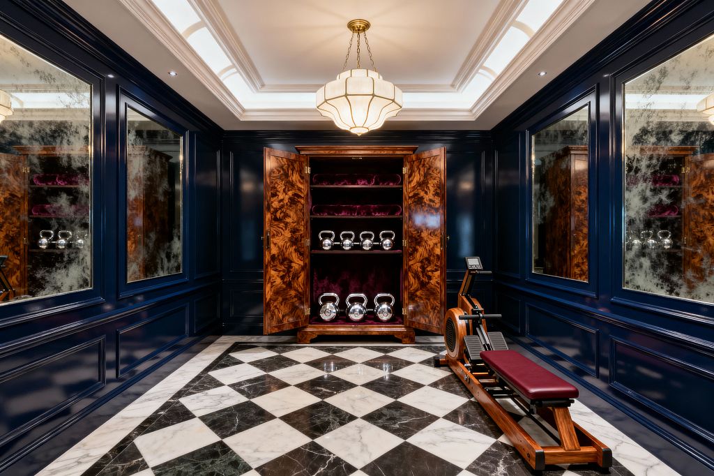 A jewel-box home gym features deep navy lacquered wall paneling inset with large antiqued mirror panels and a central walnut-burl armoire lined in plum velvet holding polished chrome kettlebells. A black-and-white checkerboard marble floor, a solid-wood rowing machine with a burgundy seat, and a tray ceiling with cove lighting and an Art Deco opaline pendant in brass create a richly lit, vintage-glam atmosphere.