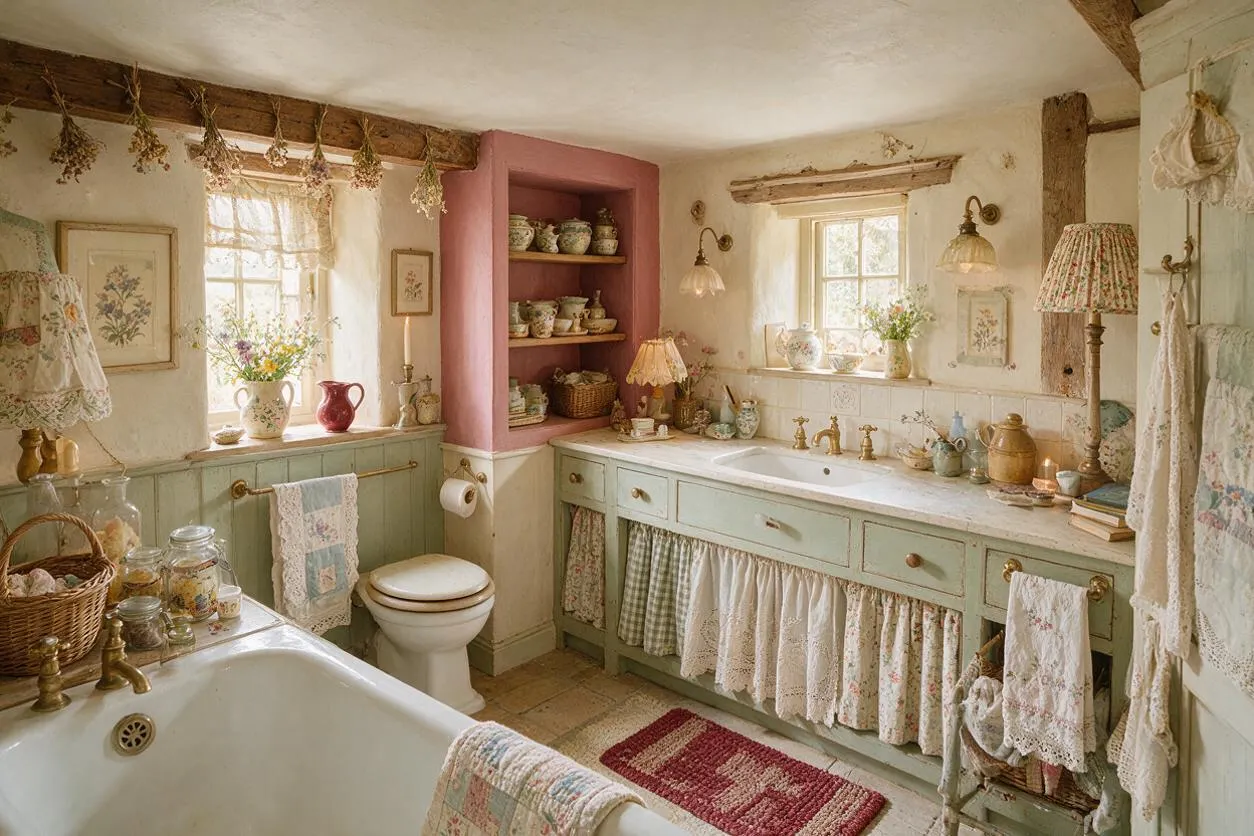 A cozy cottagecore master bathroom with a white clawfoot tub, mint-green vanity cabinets, brass fixtures, and open shelves filled with floral ceramics. Pink wall niches, lace curtains, dried flowers, and framed botanical prints add a warm, romantic vintage feel.