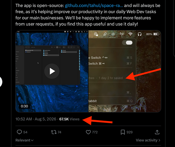 Screenshot of a Twitter post showing a user tweeting about their macOS productivity app gaining traction.