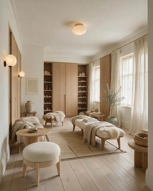 A bright Scandinavian-style closet with built-in oak wardrobes, open shoe shelving, and soft neutral seating arranged around a textured rug. Sheer curtains filter daylight from large windows, while pale wood furniture, cream textiles, and simple wall sconces create a calm, airy atmosphere.