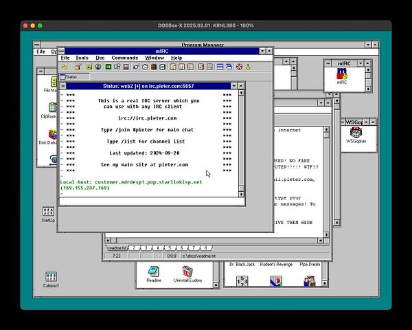 The image displays a DOSBox-X interface running an IRC client on MacOS.