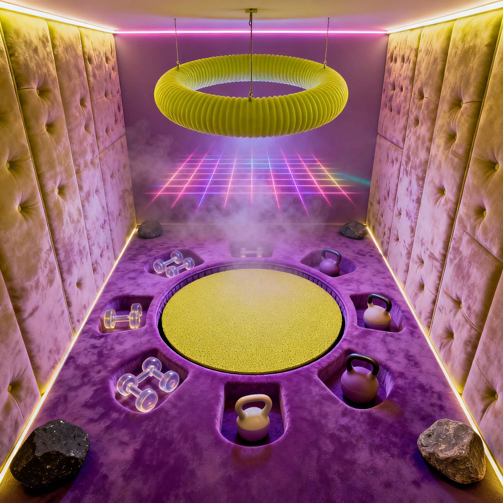 A compact home gym features plush purple flooring with a recessed circular trampoline at center, its yellow textured mat ringed by cutouts holding matte kettlebells and clear acrylic dumbbells. Tufted velvet wall panels line both sides, while warm LED strips trace the ceiling and floor edges; a lime-green ribbed ring pendant hangs above, and a neon pink-to-blue grid glows on the far wall amid a light haze, with dark stone accents anchoring the corners.