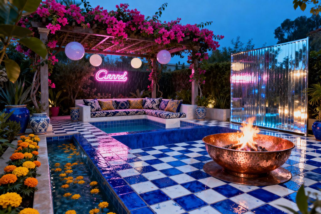 A maximalist patio at dusk features a cobalt-and-white checkerboard tile terrace surrounding a cobalt-tiled plunge pool with a hammered copper fire bowl in front. A wood pergola draped in bright pink bougainvillea shelters an L-shaped built-in sofa with blue and gold patterned cushions. Globe lanterns and a pink neon sign light a rain-curtain water feature, while blue-and-white ceramic planters, lush greenery, and a narrow rill with floating marigolds frame the scene.