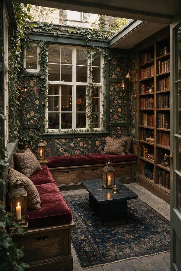 A narrow backyard seating area styled in dark academia, with ivy climbing around dark green walls, floral wallpaper, and a large white-paned window. Built-in wooden benches with burgundy velvet cushions line the space, paired with textured throw pillows, lanterns with candles, a dark coffee table, a patterned rug, and a tall bookshelf filled with old books.