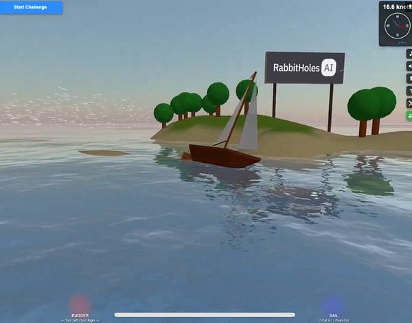A virtual sailing scene featuring a small boat near an island with a sign for 'RabbitHoles AI'.