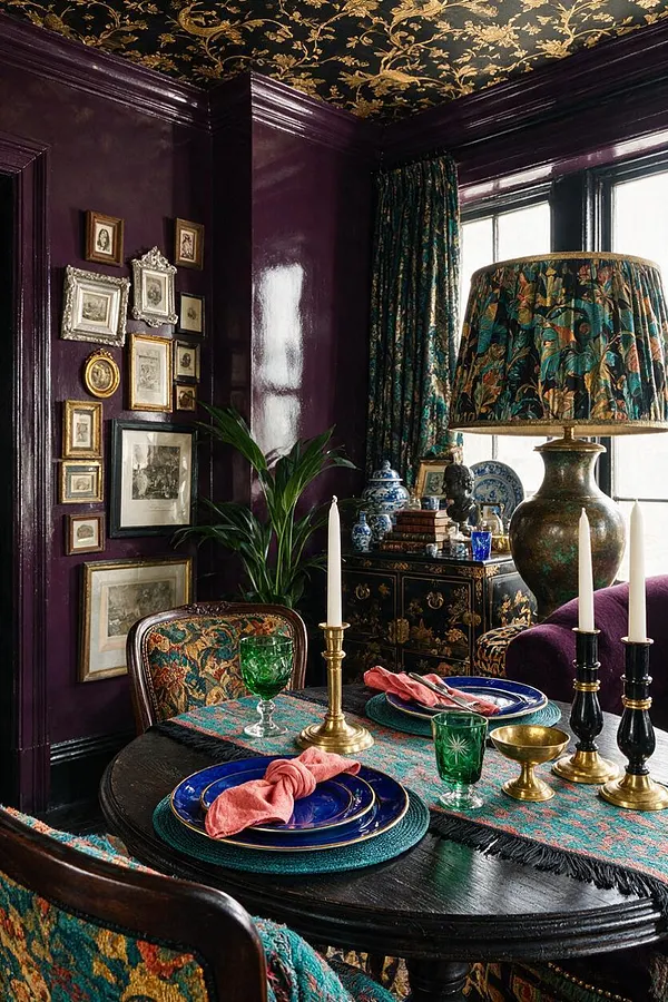 A richly layered dining nook with glossy deep plum walls, a black-and-gold floral ceiling, and a round dark wood table set with colorful plates, patterned textiles, and brass candlesticks. Framed art, a large patterned lamp, velvet upholstery, and blue-and-white ceramics complete the maximalist room.