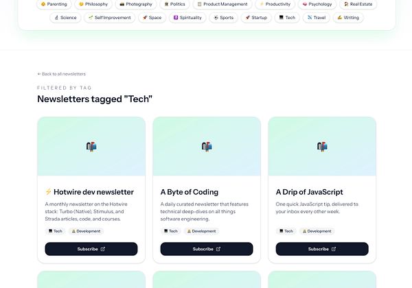 The image displays a section of a website showcasing newsletters tagged with 'Tech'.