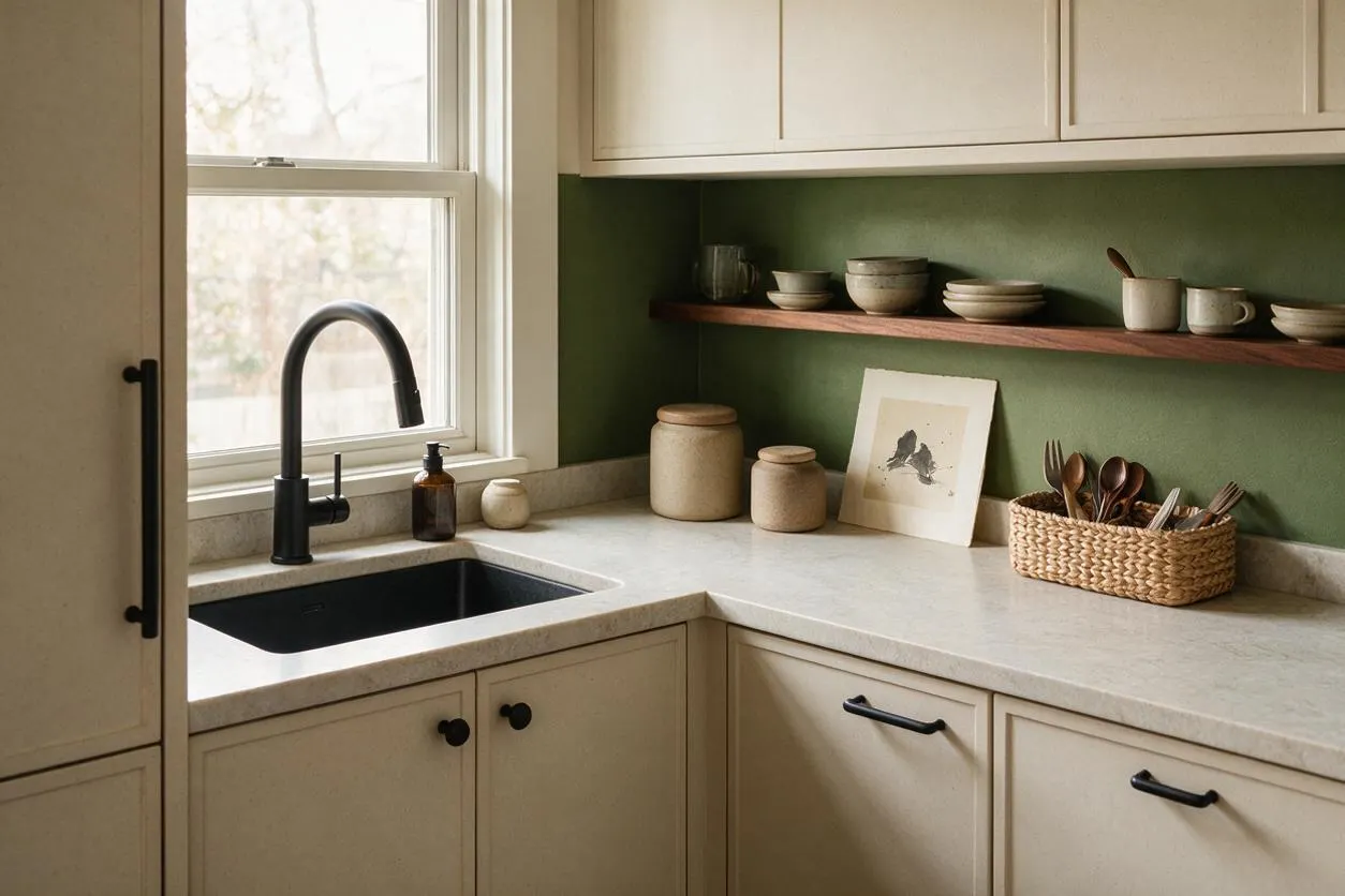 A serene Japandi kitchen with cream cabinetry, a light stone countertop, and a matte black faucet beside a window. An olive green backsplash wall is styled with a floating wood shelf, ceramic bowls and jars, and a woven basket of utensils.