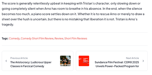 The image features a completed article layout for a film review website, showcasing a review and navigation elements.