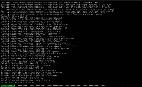 The image displays a terminal window showing the process of upgrading packages on an Ubuntu server.