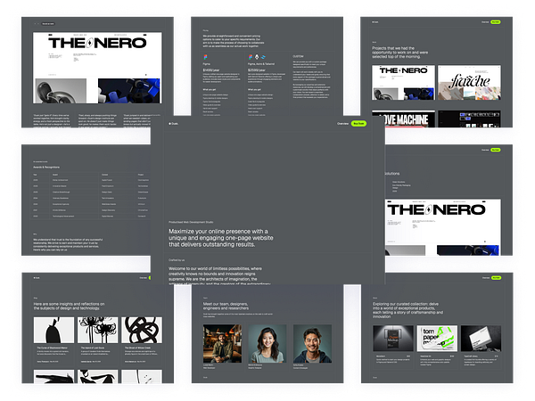 The image displays a collage of web pages from a design studio's portfolio, showcasing various projects and services.