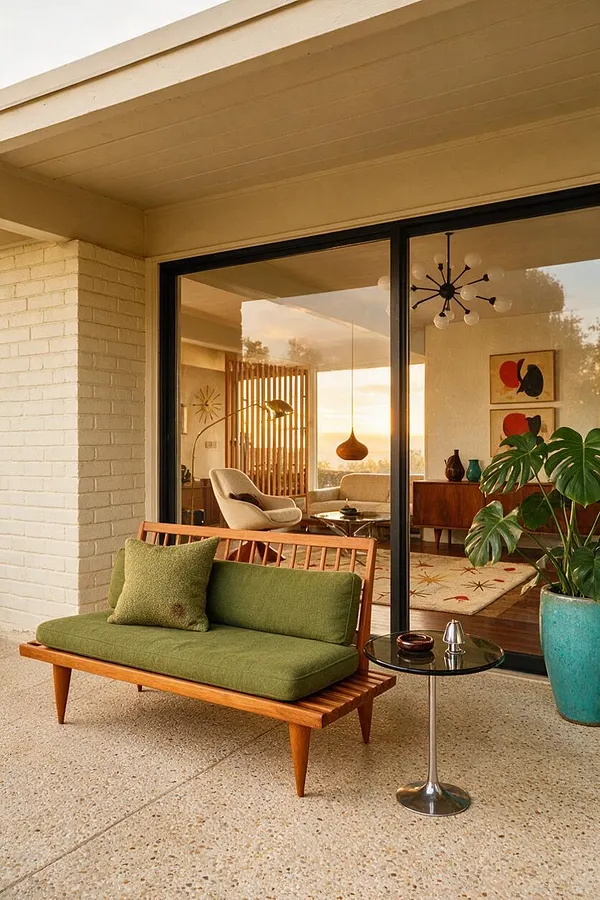 A covered outdoor patio in mid-century modern style features a low wooden-framed sofa with olive green cushions, a small round pedestal side table, and a large turquoise planter. Behind the black-framed sliding glass doors, the interior shows a walnut cabinet, sculptural lighting, abstract art, and warm wood accents in soft golden light.