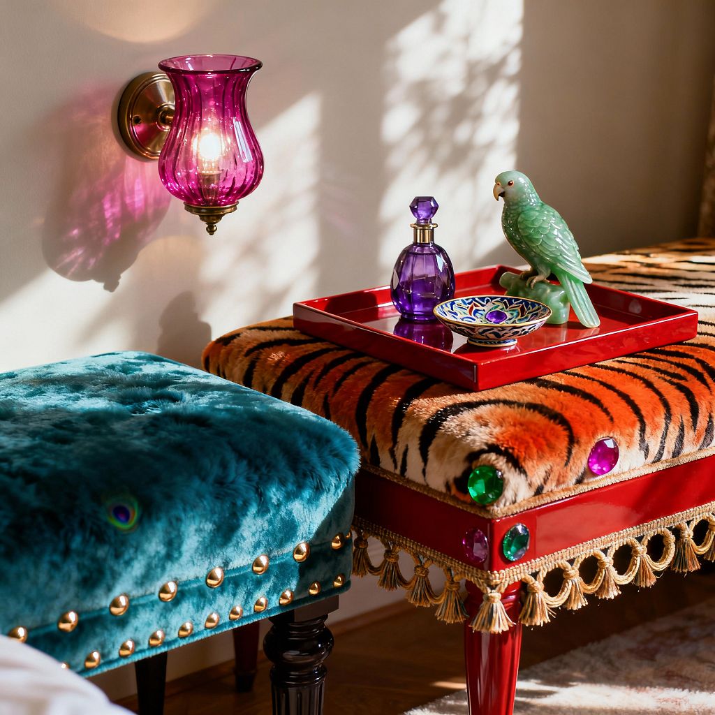 Close-up of a maximalist bedroom corner featuring two opulent ottomans: one in teal velvet with brass nailheads, the other in tiger-stripe faux fur with oversized jewel studs, a glossy red base, and gold tassel fringe. A red lacquer tray on top displays a purple glass perfume bottle, a patterned dish, and a green ceramic parrot, while a magenta glass wall sconce with a brass backplate casts rosy light onto a cream wall.
