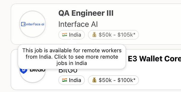 The image displays job listings for remote positions in India, highlighting specific roles and salary ranges.