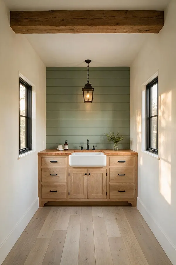 A narrow farmhouse powder room with a natural wood vanity, white apron-front sink, and black faucet centered on a sage green shiplap accent wall. White walls, black-framed windows, a wood ceiling beam, and a hanging lantern create a warm rustic look.