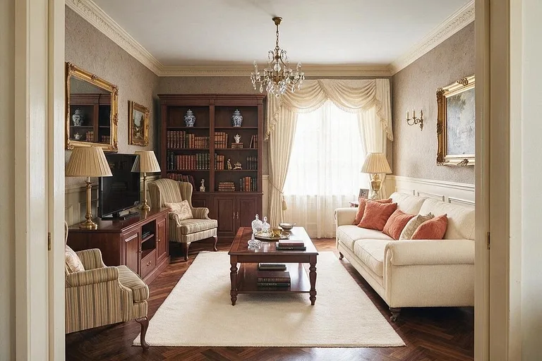 A Traditional living room in the Warm Neutral Layers palette: mushroom, oatmeal, clay, walnut, and bone