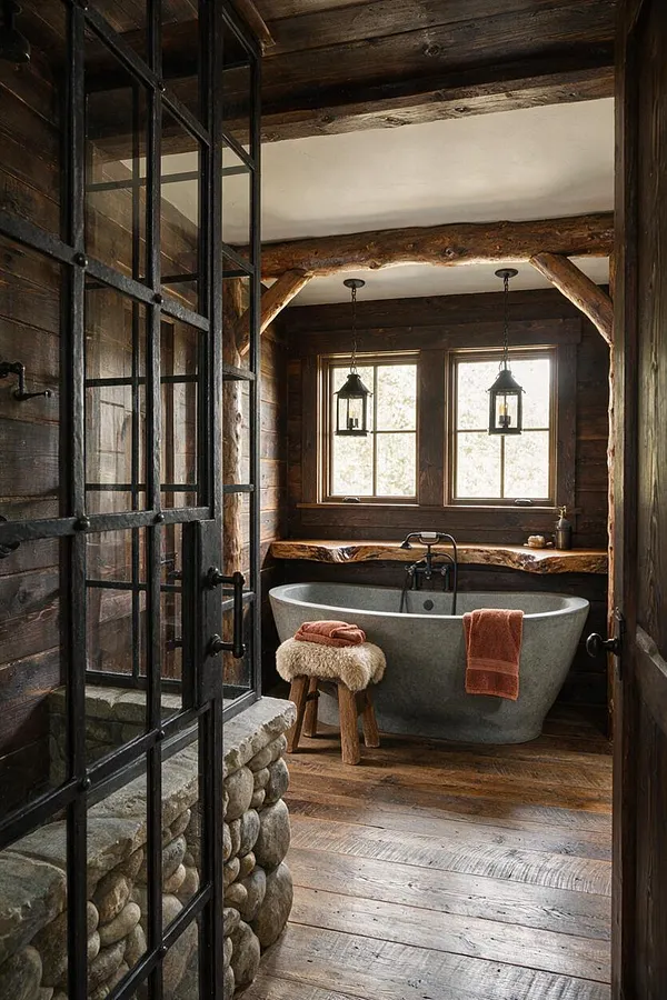 A rustic master bathroom with weathered wood plank walls, exposed timber beams, and a freestanding gray soaking tub centered beneath two windows. Black metal-framed glass doors, a rough wood vanity shelf, and a stone-based shower enclosure add texture and cabin-like warmth.