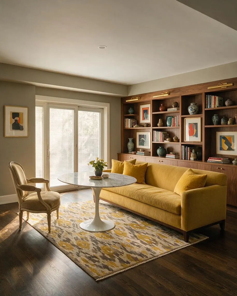 A cozy eclectic basement lounge with a mustard-yellow sofa, vintage-style upholstered armchair, round marble pedestal table, and a patterned area rug. Built-in walnut shelving along the back wall displays books, ceramics, and framed abstract art, while sliding glass doors bring in soft natural light.