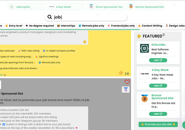 The image displays a job search interface with various job categories and featured listings.