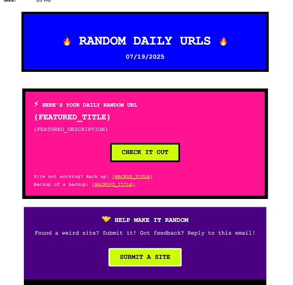 The image displays a colorful email template for a newsletter titled 'Random Daily URLs'.