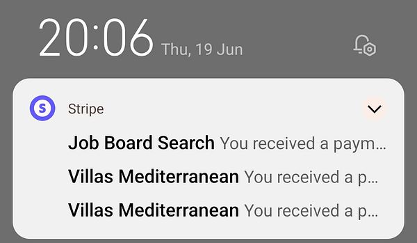 The image displays a smartphone notification screen showing payment alerts from Stripe.