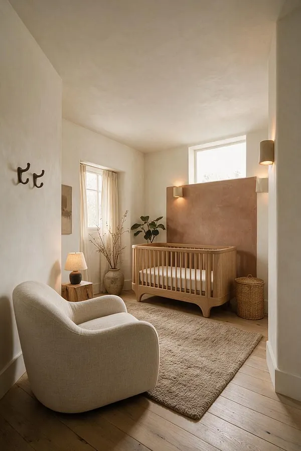 A warm organic modern nursery with a light wood crib against a clay-toned accent wall, soft cream walls, and a beige rug over honey-colored wood floors. A rounded cream lounge chair, woven basket, potted greenery, and a small wood side table with a lamp create a calm, natural atmosphere.