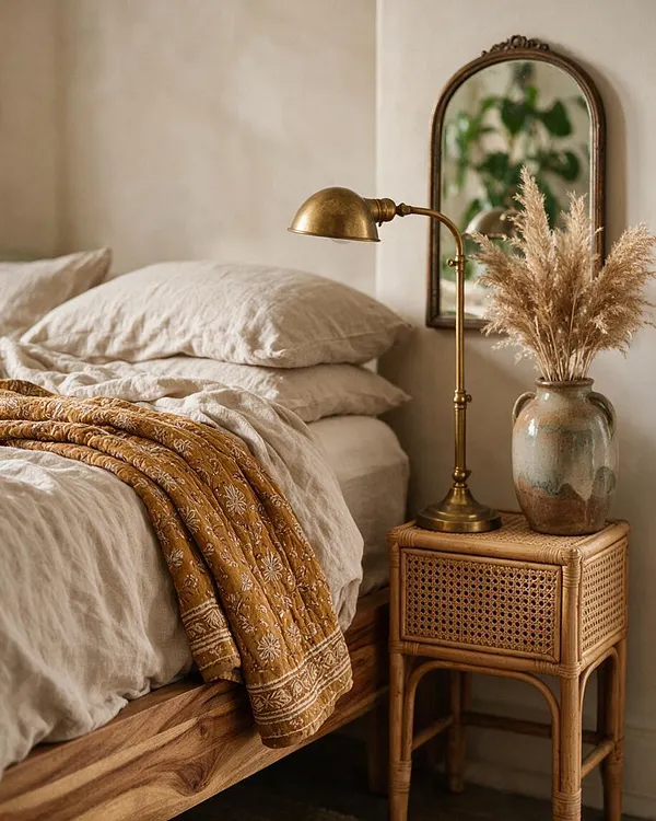 A cozy bohemian bedroom vignette with a low wooden bed dressed in beige linen bedding and a mustard patterned throw. Beside the bed is a brass bedside lamp on a woven rattan nightstand, topped with a ceramic vase of dried pampas grass and set against a wall mirror with a dark wood frame.