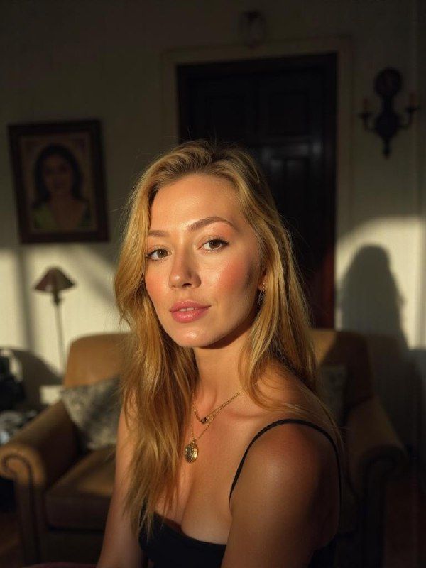 A woman with long blonde hair poses in warm sunlight, creating a serene and inviting atmosphere.