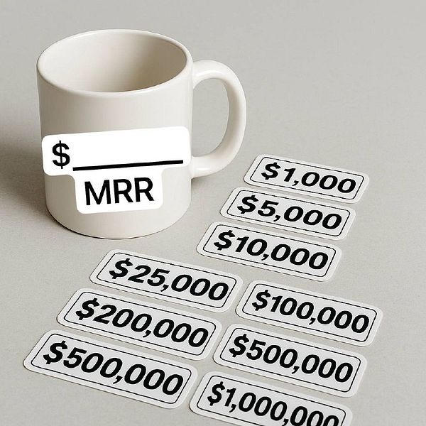 A white mug with a customizable MRR sticker and various dollar amount stickers arranged beside it.