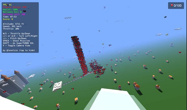 The image displays a 3D game interface featuring a flying tower made of blocks amidst a colorful landscape.