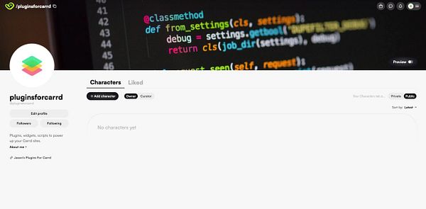The image displays a user interface for a profile on a platform related to plugins for Carrd, featuring a code snippet in the background.
