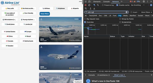 The image displays a web interface for an airline listing alongside a network analysis tool from a browser's developer console.