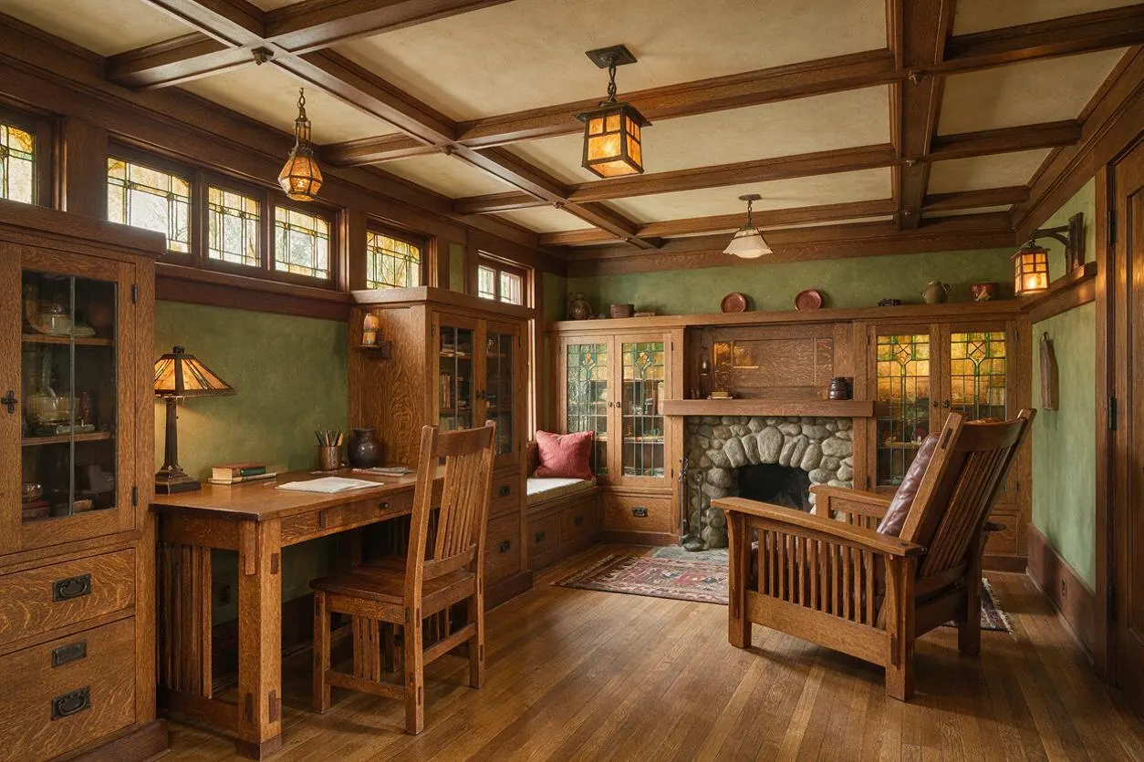 A Craftsman-style backyard room with oak wood trim, built-in cabinetry, and a stone fireplace centered on the back wall. The space includes a wooden desk, mission-style chairs, leaded glass windows, green walls, and amber lantern-style lighting under a coffered ceiling.