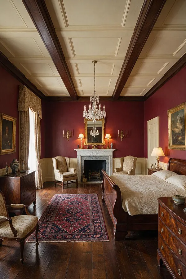A traditional master bedroom with deep burgundy walls, cream wainscoting, dark wood ceiling beams, and a crystal chandelier centered above the room. The space includes a carved wooden bed, marble fireplace, patterned oriental rug, upholstered chairs, and warm lamp lighting.