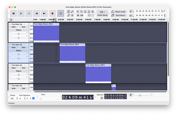 The image displays a digital audio editing interface for creating a 9-hour white noise track for baby sleep.