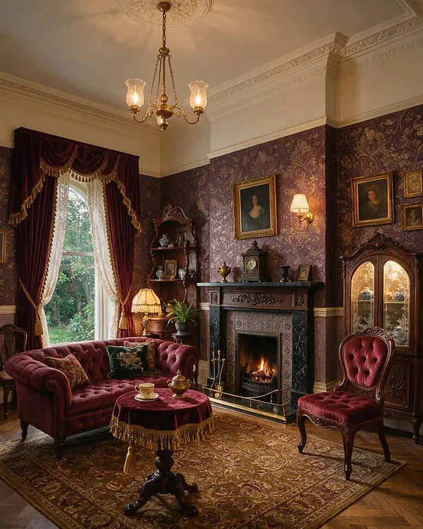 A Victorian-style studio apartment living area with deep burgundy velvet seating, ornate wallpaper, and a carved wood fireplace with a lit fire. Heavy velvet drapes frame a tall window, while a chandelier, gilded framed portraits, and antique furniture add a richly layered, historic feel.