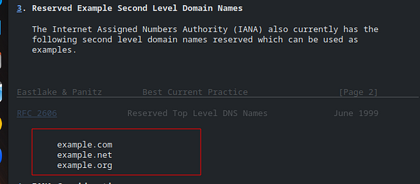Screenshot of the IANA Reserved Domains webpage describing reserved example domains.