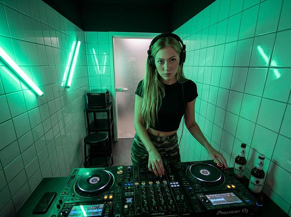 A female DJ is performing in a stylish, neon-lit room.
