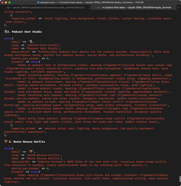 The image displays a terminal window with code snippets related to creative photo pack ideas for podcast and outfit themes.