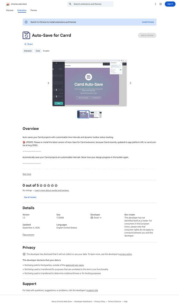 Screenshot of the Auto Save for Carrd Chrome Web Store page showing the extension details and user reviews.