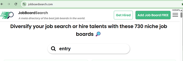 Screenshot of a web page titled Job Board Search displaying a list of job boards with links and descriptions.