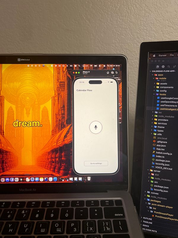 A mobile interface of the Calendar Flow app is displayed on a MacBook Air alongside a colorful background and coding interface.