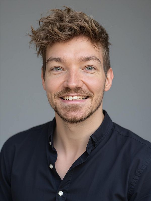 A smiling male actor poses for a professional headshot.