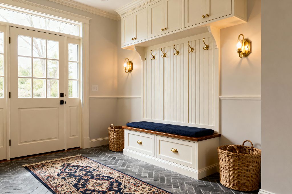 A bright traditional mudroom with cream built-ins and beadboard back paneling features a wooden bench with a navy cushion, two large drawers with brass cup pulls, and a row of brass coat hooks beneath upper cabinets. Charcoal herringbone brick floors, a patterned runner, woven baskets, warm brass wall sconces, and a white divided-light entry door create an orderly, classic look.