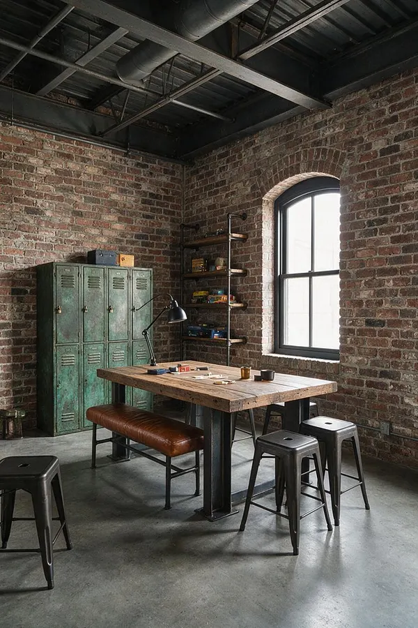 An industrial game room with exposed red brick walls, a black steel ceiling, and a large arched window. The space includes a weathered wood game table, metal stools, a brown leather bench, vintage green lockers, and open pipe shelving with games and decor.