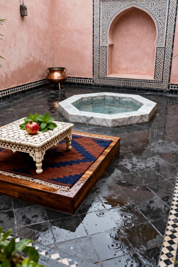 Open-air Moroccan courtyard with blush pink plaster walls and an arched niche framed by intricate black-and-cream zellige tile. In the foreground, a low wooden platform holds a rust-and-navy kilim beneath a small bone-inlay table topped with a pomegranate and mint. At center is an octagonal white marble fountain filled with water. The glossy charcoal tile floor shows puddles and rain rings. A hammered copper pot sits in the corner and a pierced metal lantern hangs on the wall.
